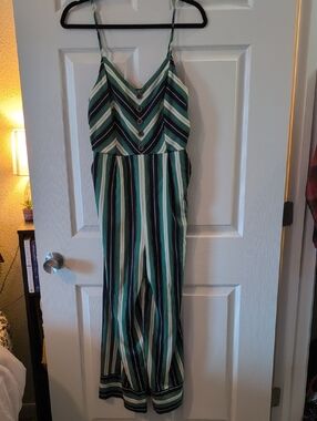 Striped Spaghetti Strap Jumpsuit in Teal, Black & White